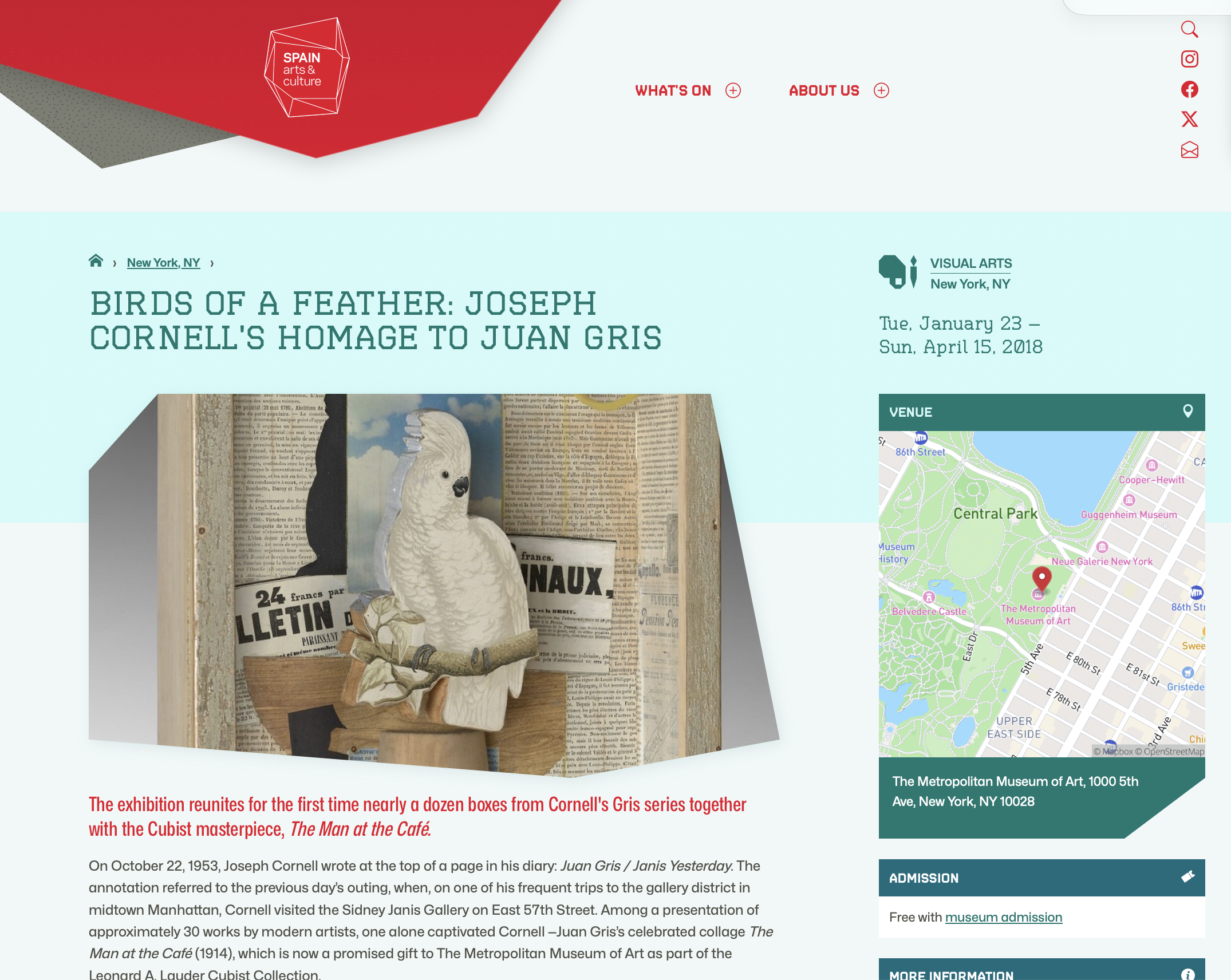 Webpage for the 2018 exhibition Birds of a Feather: Joseph Cornell’s Homage to Juan Gris, featuring a Cornell cockatoo box.