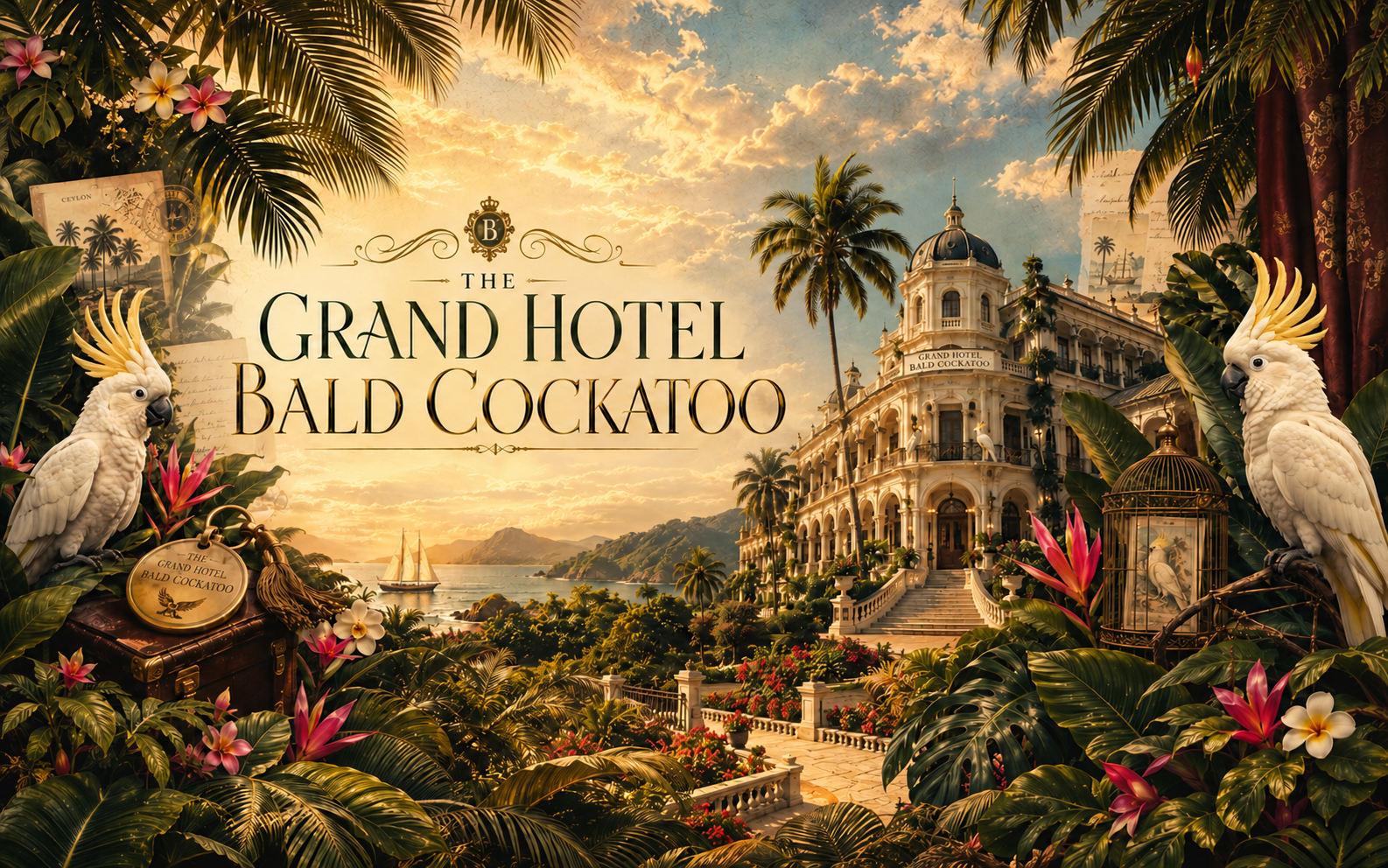 The Grand Hotel Bald Cockatoo tropical hotel artwork