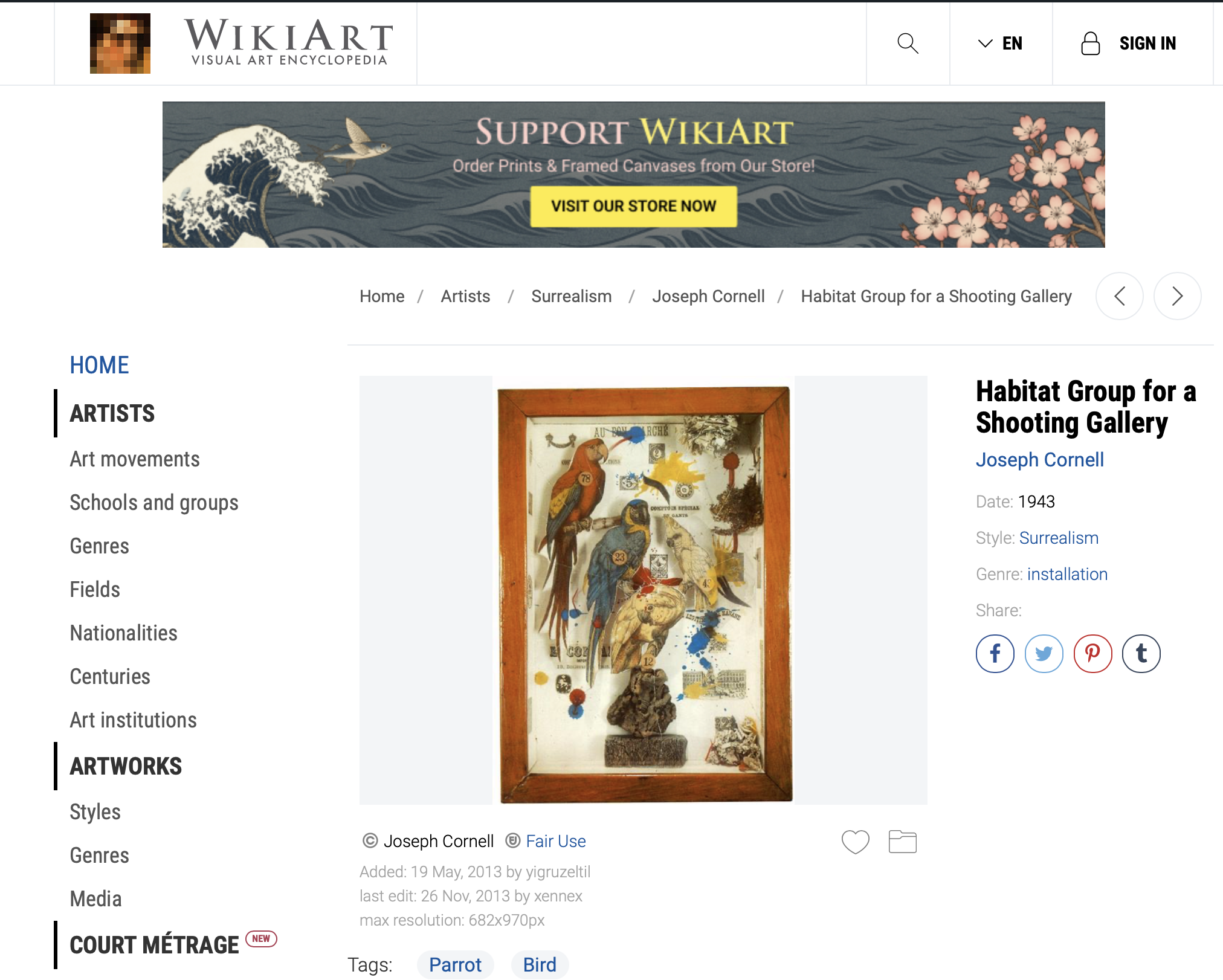 WikiArt page for Joseph Cornell's Habitat Group for a Shooting Gallery.