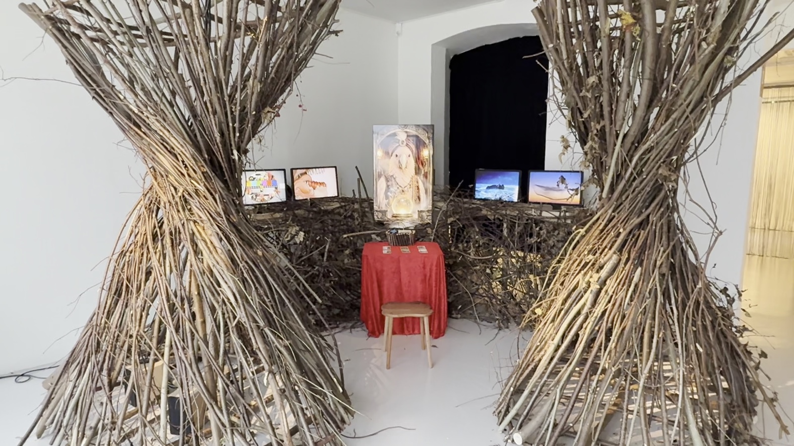 Wide view through woven branches toward the Bald Cockatoo fortune-telling station.