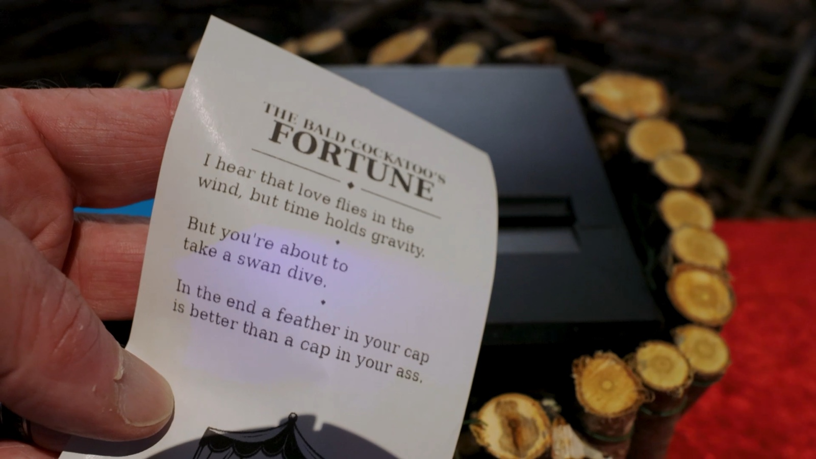 A printed Bald Cockatoo fortune held in front of the fortune printer.
