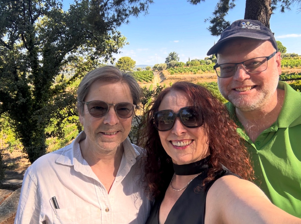 Rod Coover, Caitlin Fisher, and Scott Rettberg together in Bandol, France.