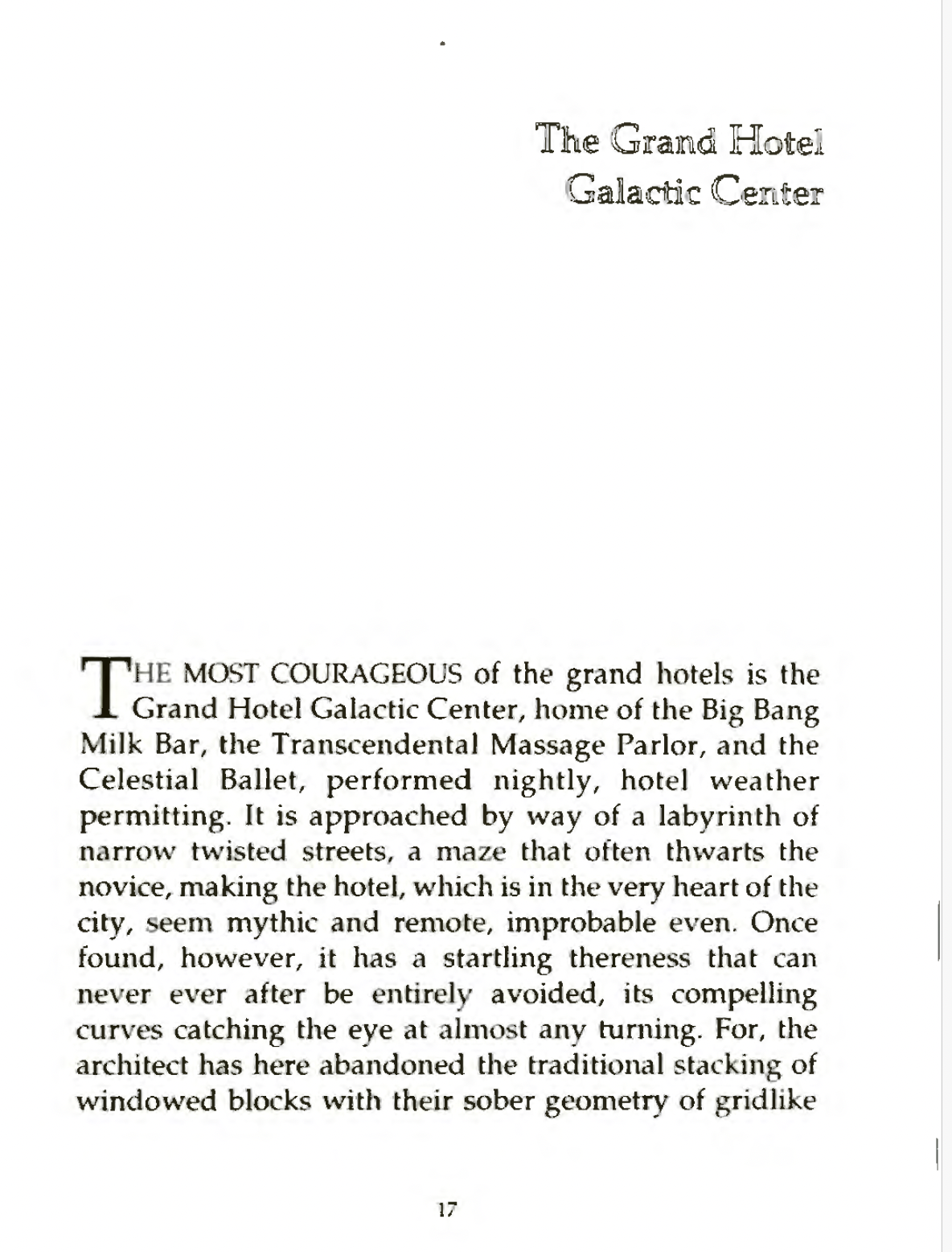 Page 17, the first page of Robert Coover's The Grand Hotel Galactic Center.