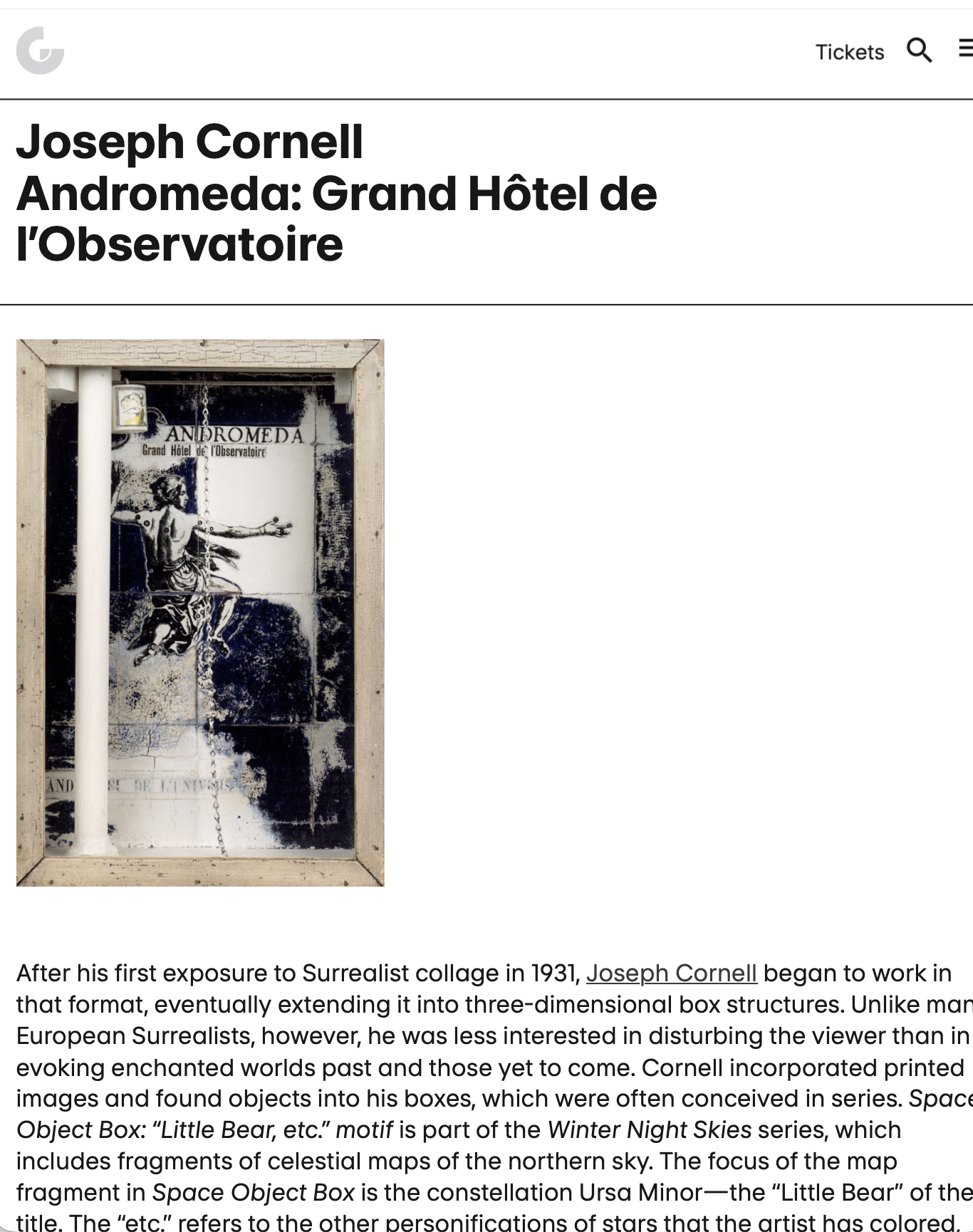 Guggenheim Museum page for Joseph Cornell's Andromeda: Grand Hôtel de l’Observatoire.
