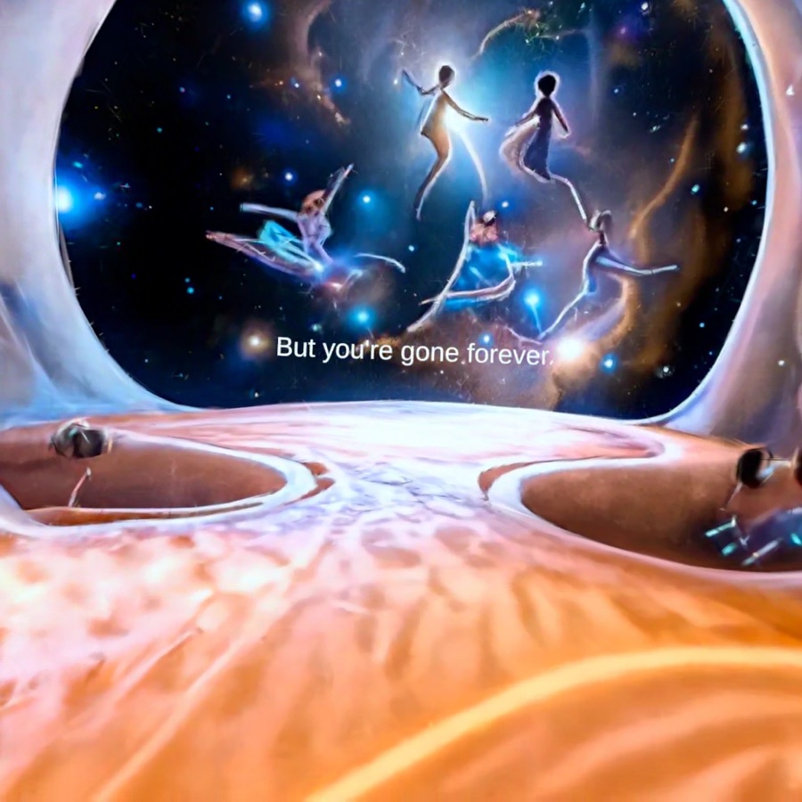 Dancers float in a star field beyond the curved window of a luminous peach-colored room.