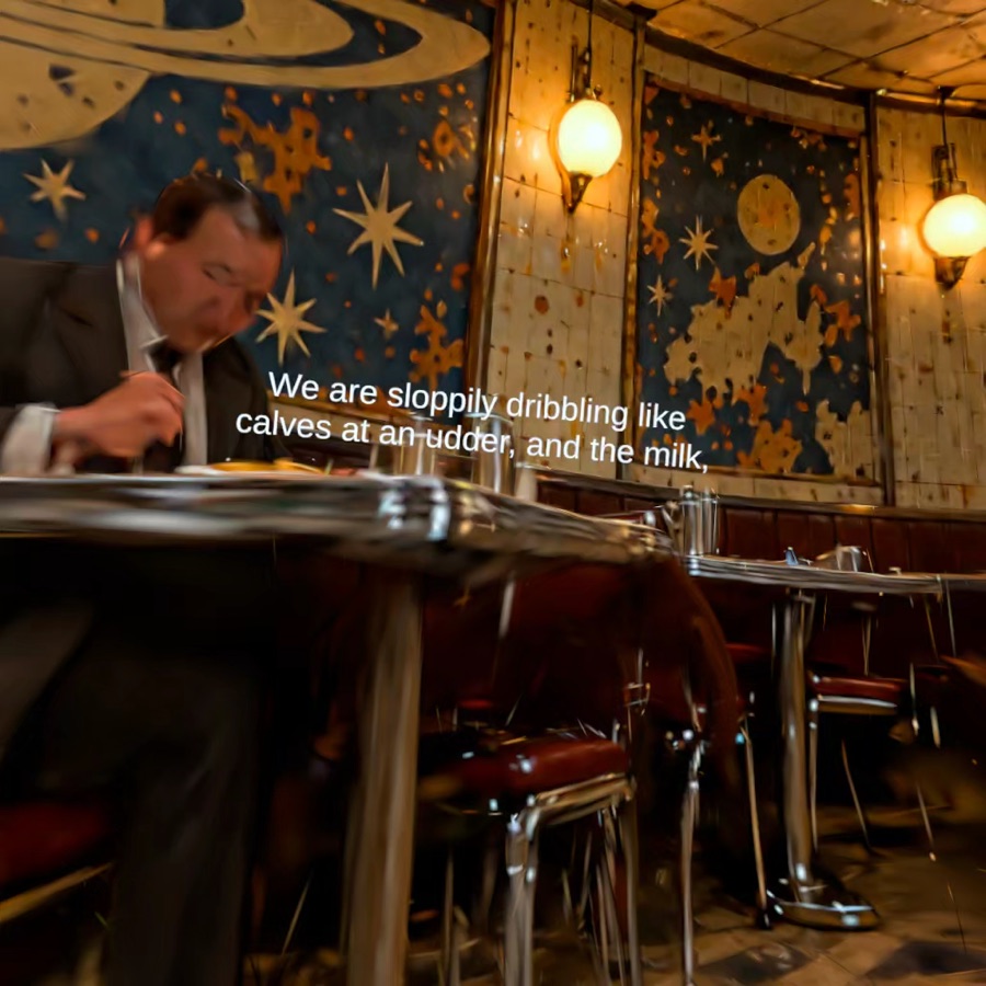 A solitary diner sits in a worn restaurant decorated with faded murals of stars and planets.