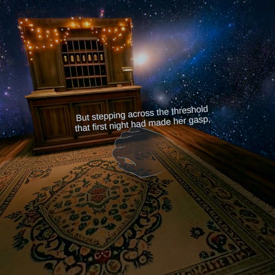 A wooden reception desk stands against a deep blue star field above an ornate carpet.
