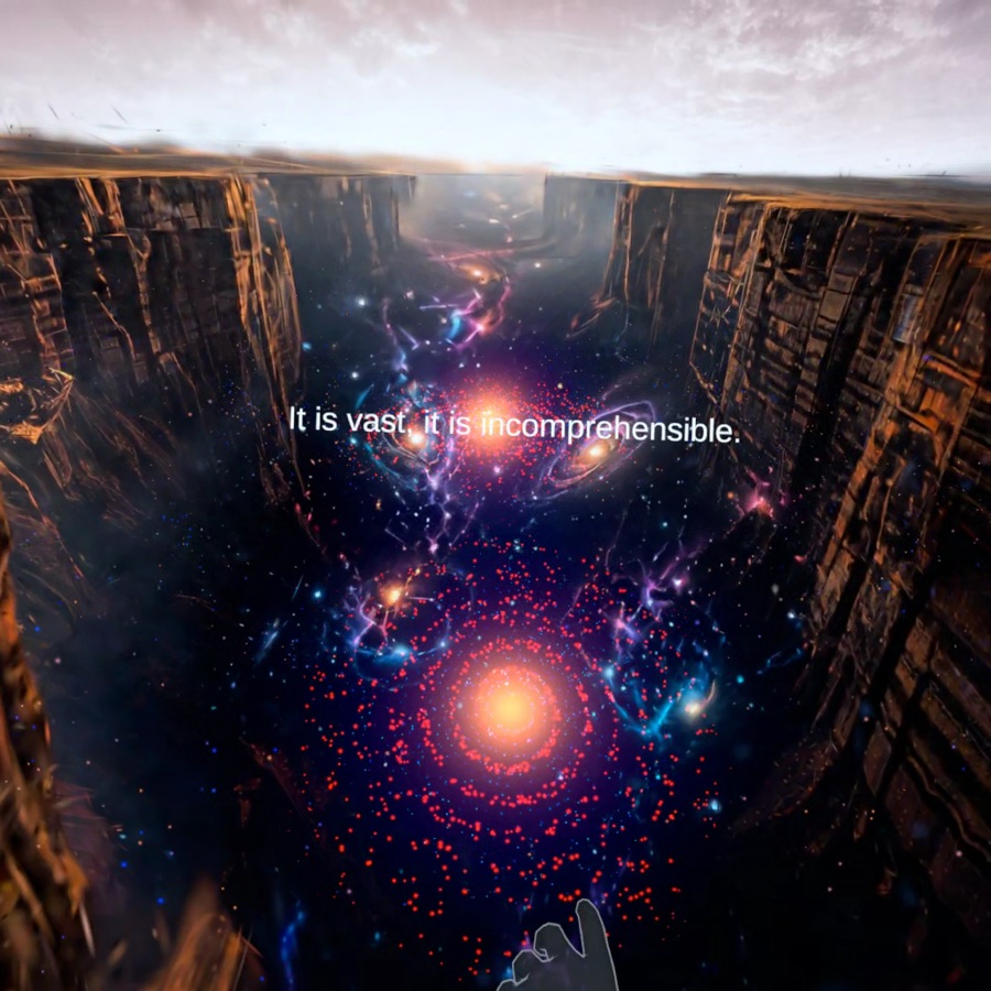 A vast star-filled void glows between two weathered metallic walls.