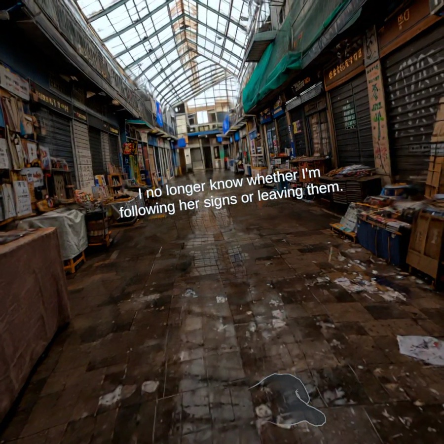 An abandoned covered market lined with shuttered stalls and scattered goods.