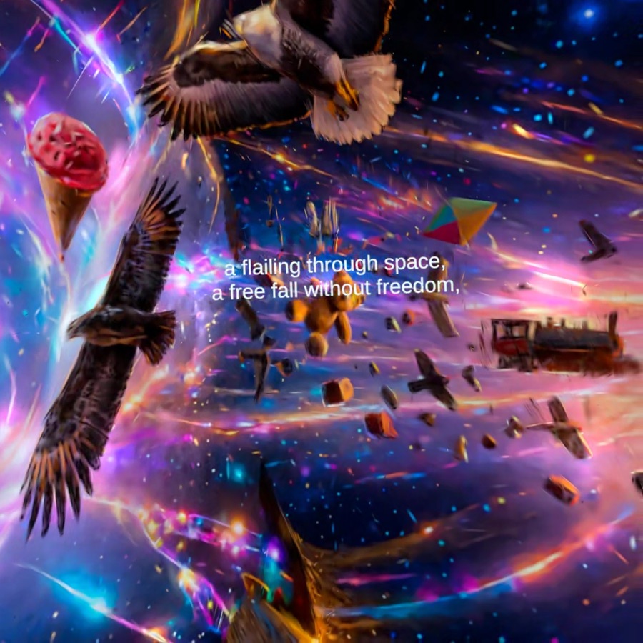 Birds and hotel objects tumble through a vivid field of stars and colored light.