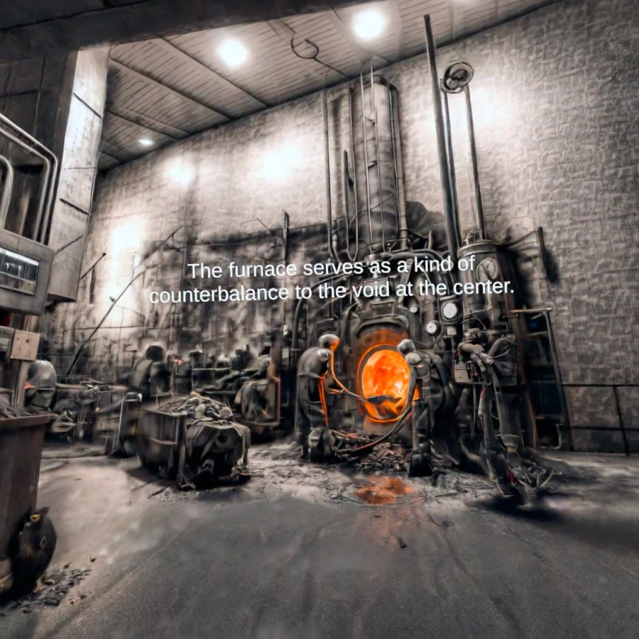 Workers tend an orange-hot furnace in a cavernous monochrome industrial room.