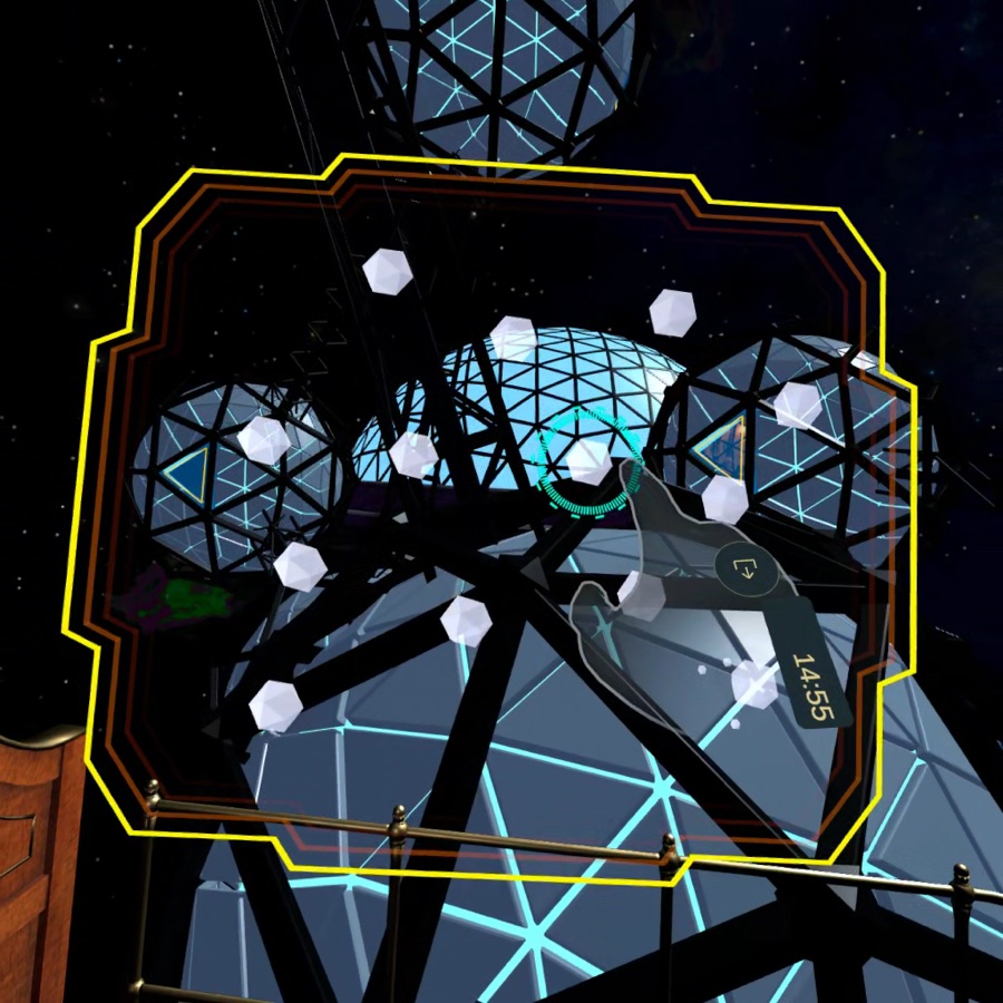 The player looks through a glowing frame toward interconnected geodesic hotel domes suspended in space.