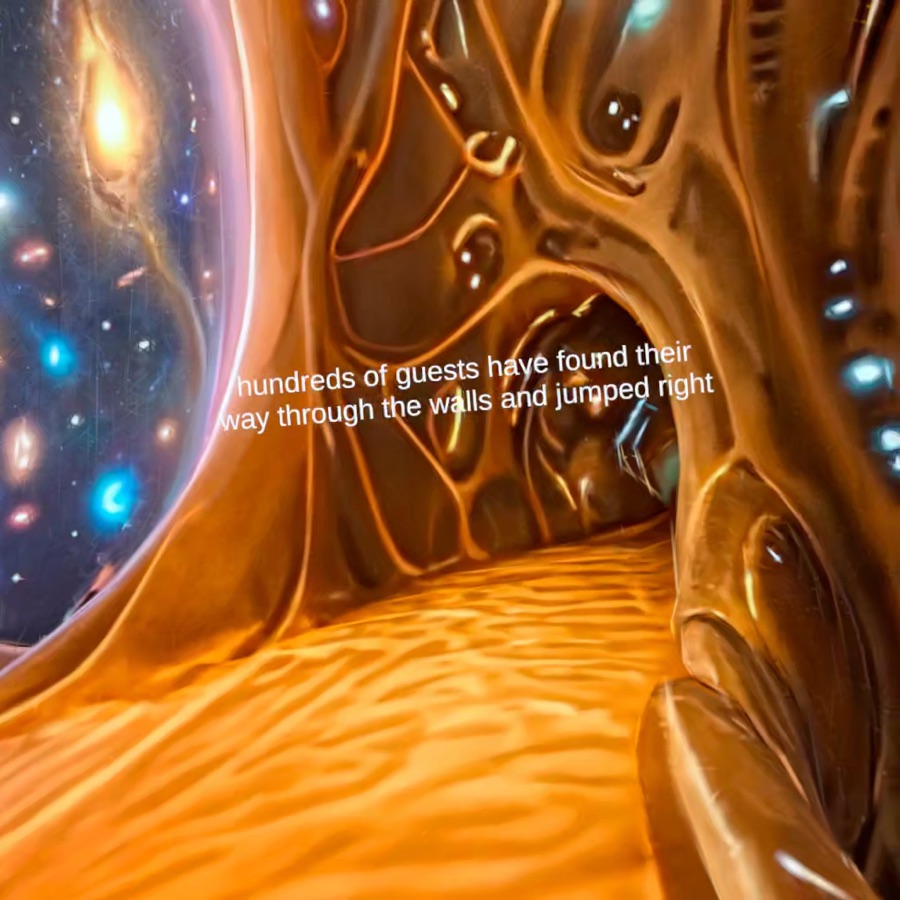A glowing golden corridor with organic walls opens onto a field of stars.