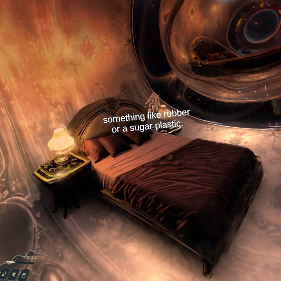 A dark red bed and glowing bedside lamp occupy a softly distorted copper-colored guest room.