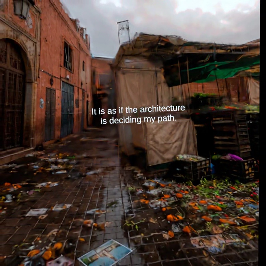 A rain-darkened market alley strewn with discarded produce and debris.