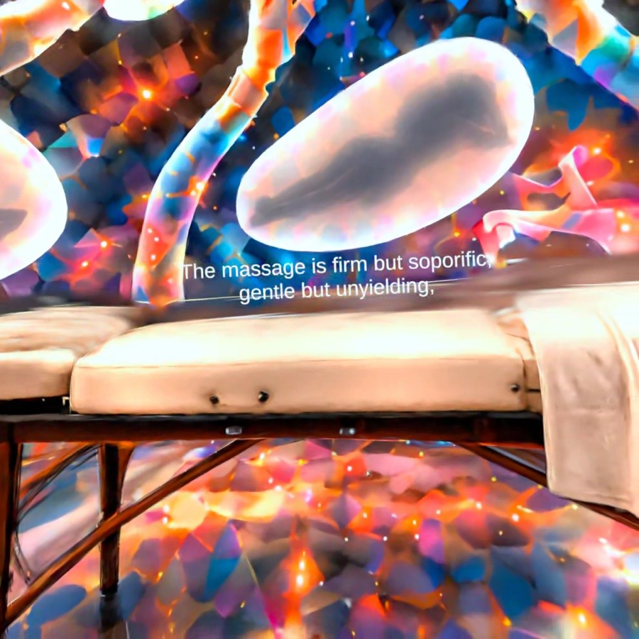 A cream massage table sits inside a bright, jewel-colored organic chamber.