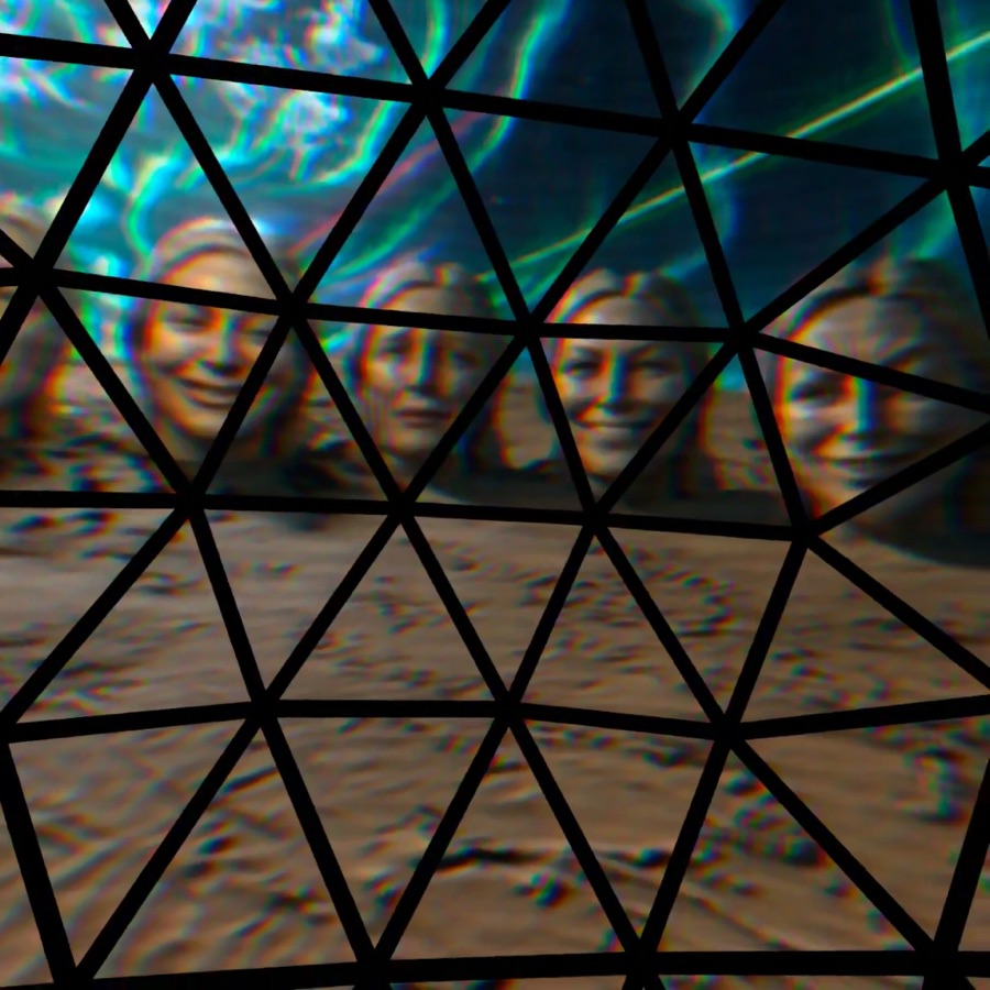A row of spectral faces appears beyond the black triangular grid of a geodesic dome.