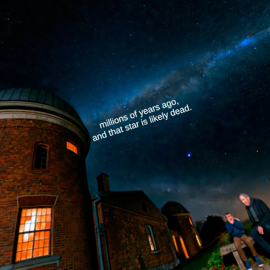 Two men sit outside a brick observatory beneath a luminous galactic sky.