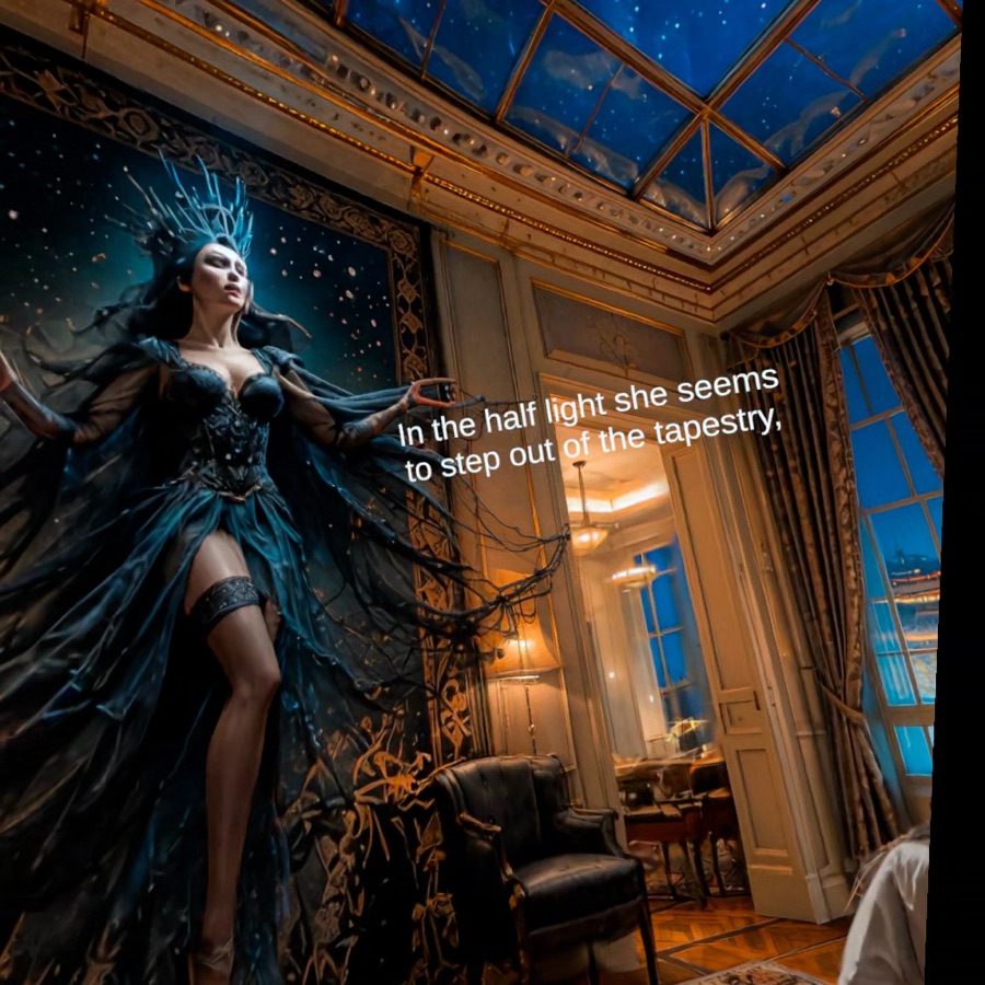 A woman in a dark blue costume emerges from a tapestry inside an ornate hotel room.