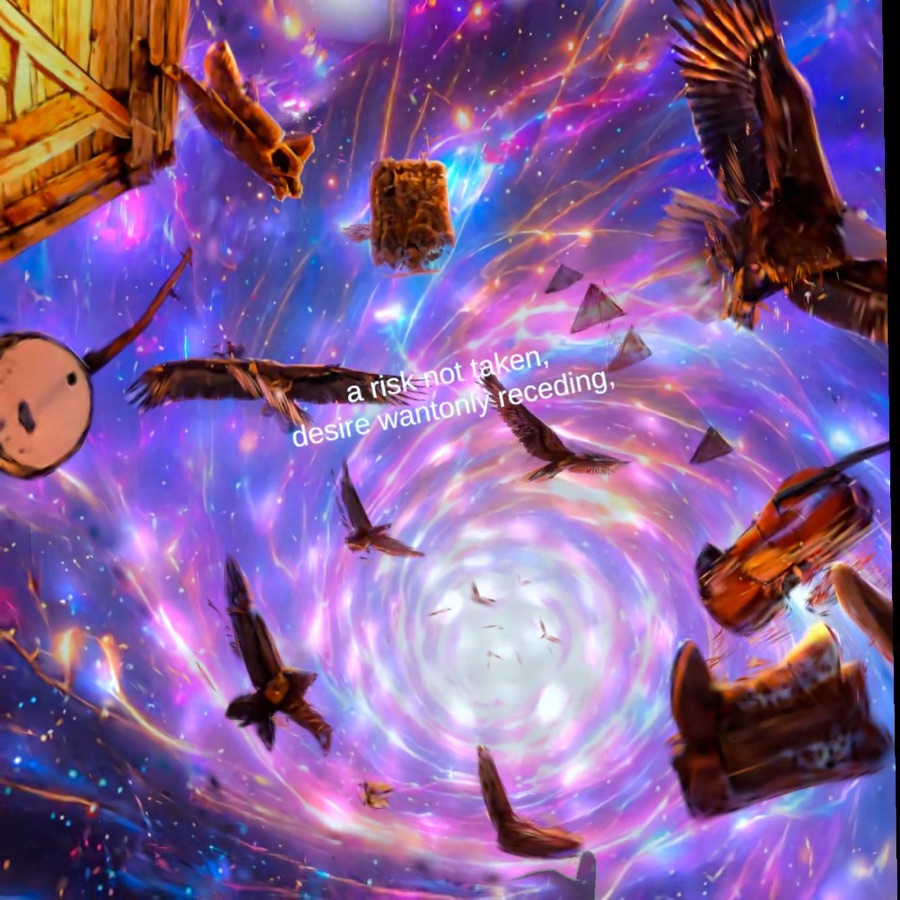 Birds, shoes, luggage, and fragments spiral toward a bright multicolored cosmic vortex.