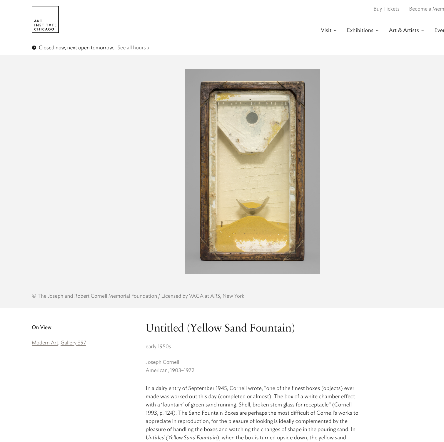 Art Institute of Chicago page for Joseph Cornell's Untitled Yellow Sand Fountain.