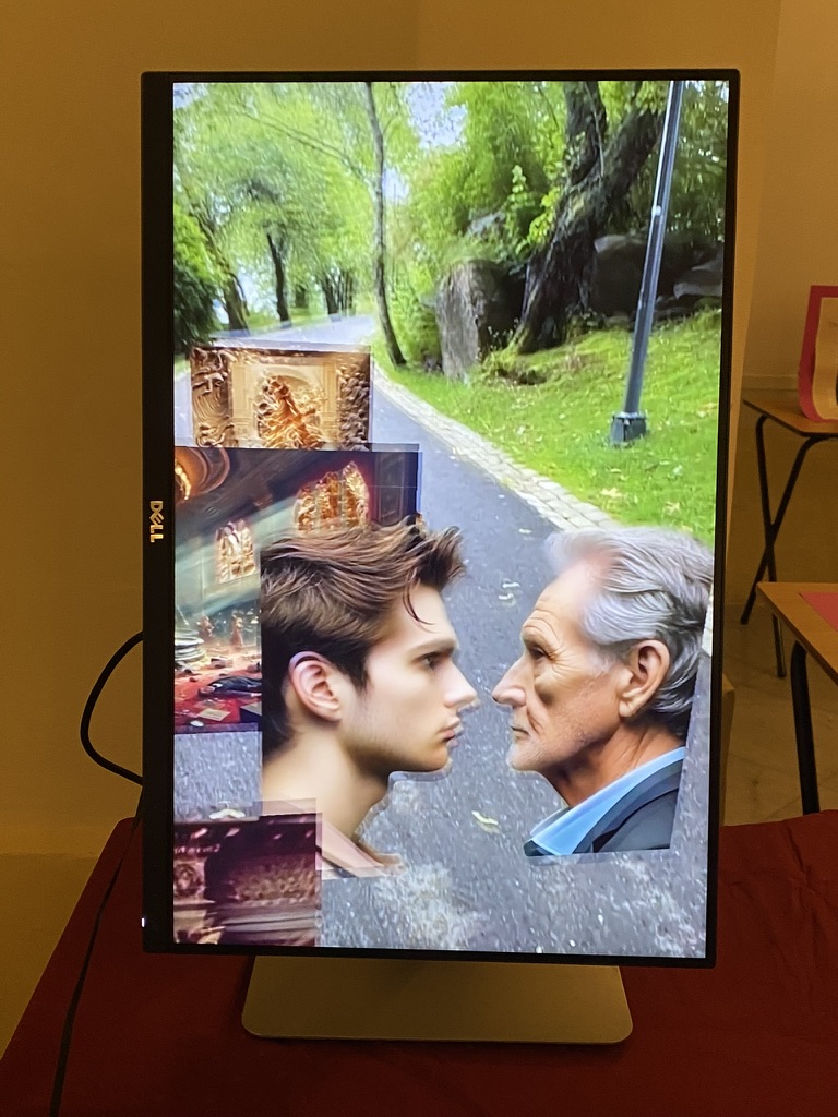 A vertical monitor displaying scenes from The Grand Hotel Sand Fountain at ICIDS 2025.