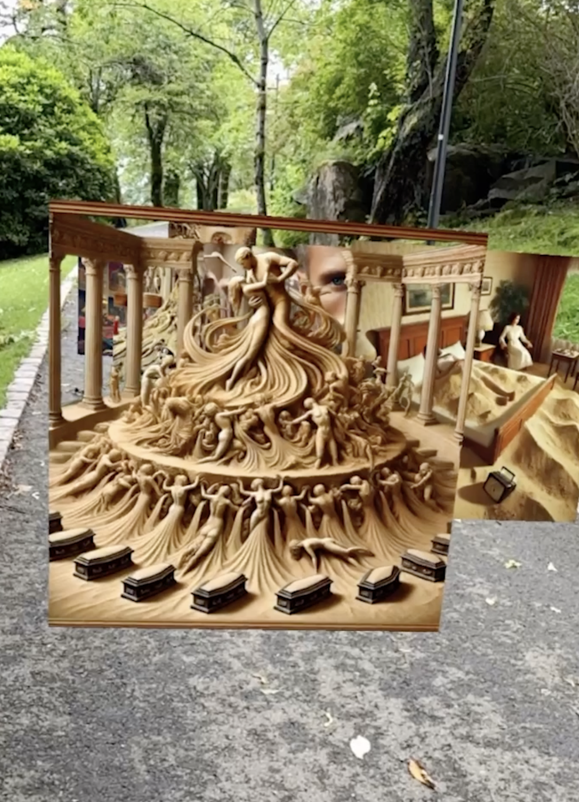 Augmented-reality sand fountain scene displayed outdoors on a mobile device.