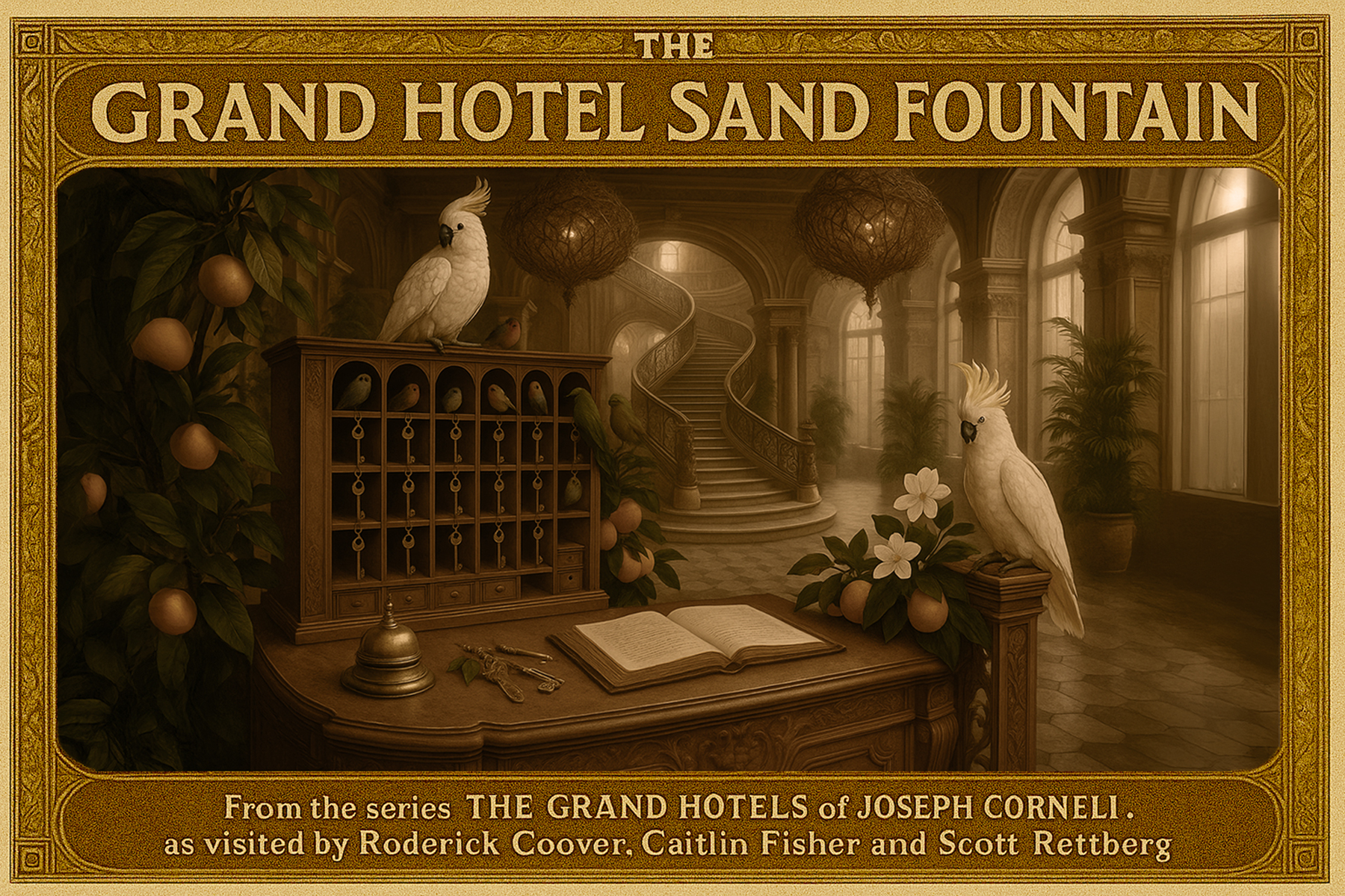 The sepia lobby of The Grand Hotel Sand Fountain